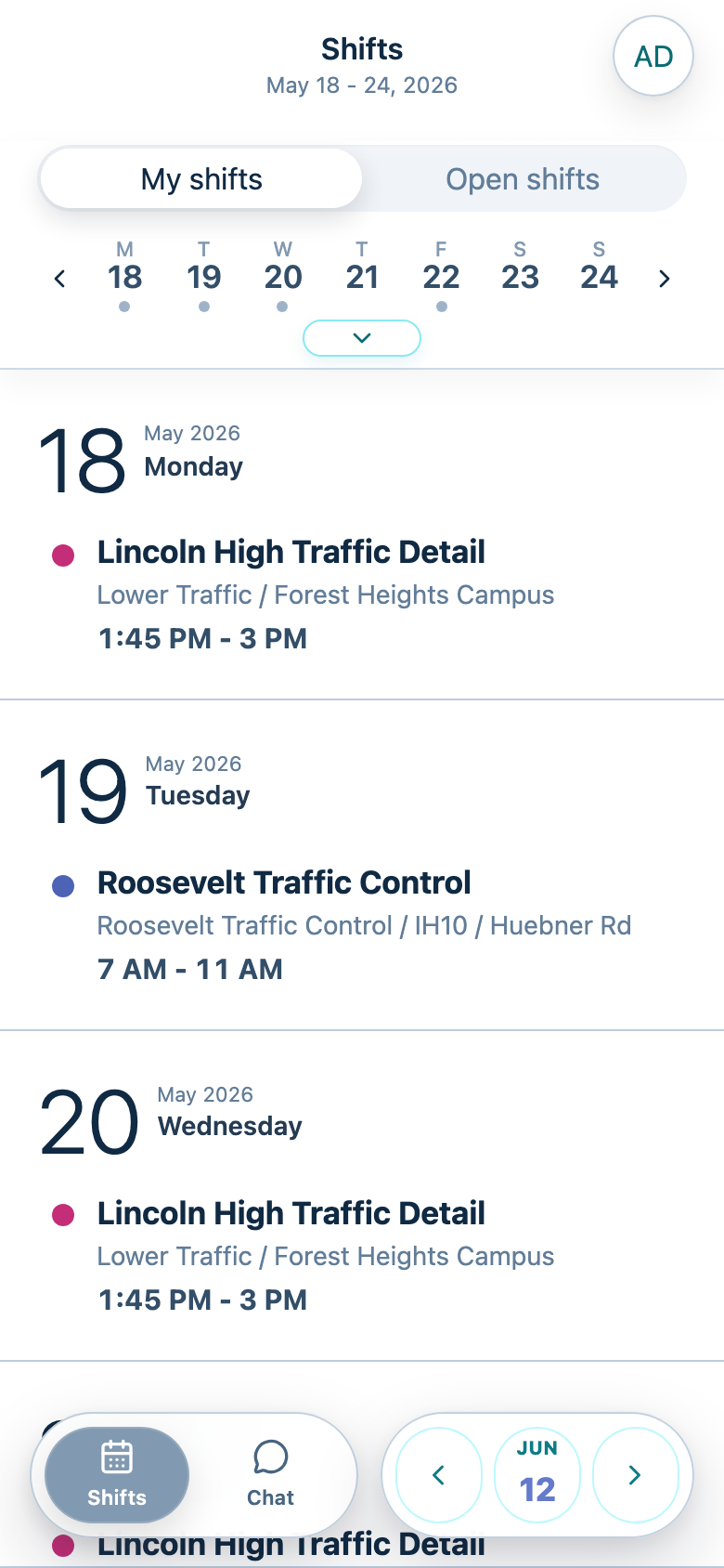ShiftDispatch staff mobile schedule for Alex Diaz showing multiple assigned shifts across the week with dates, worksites, and shift times.