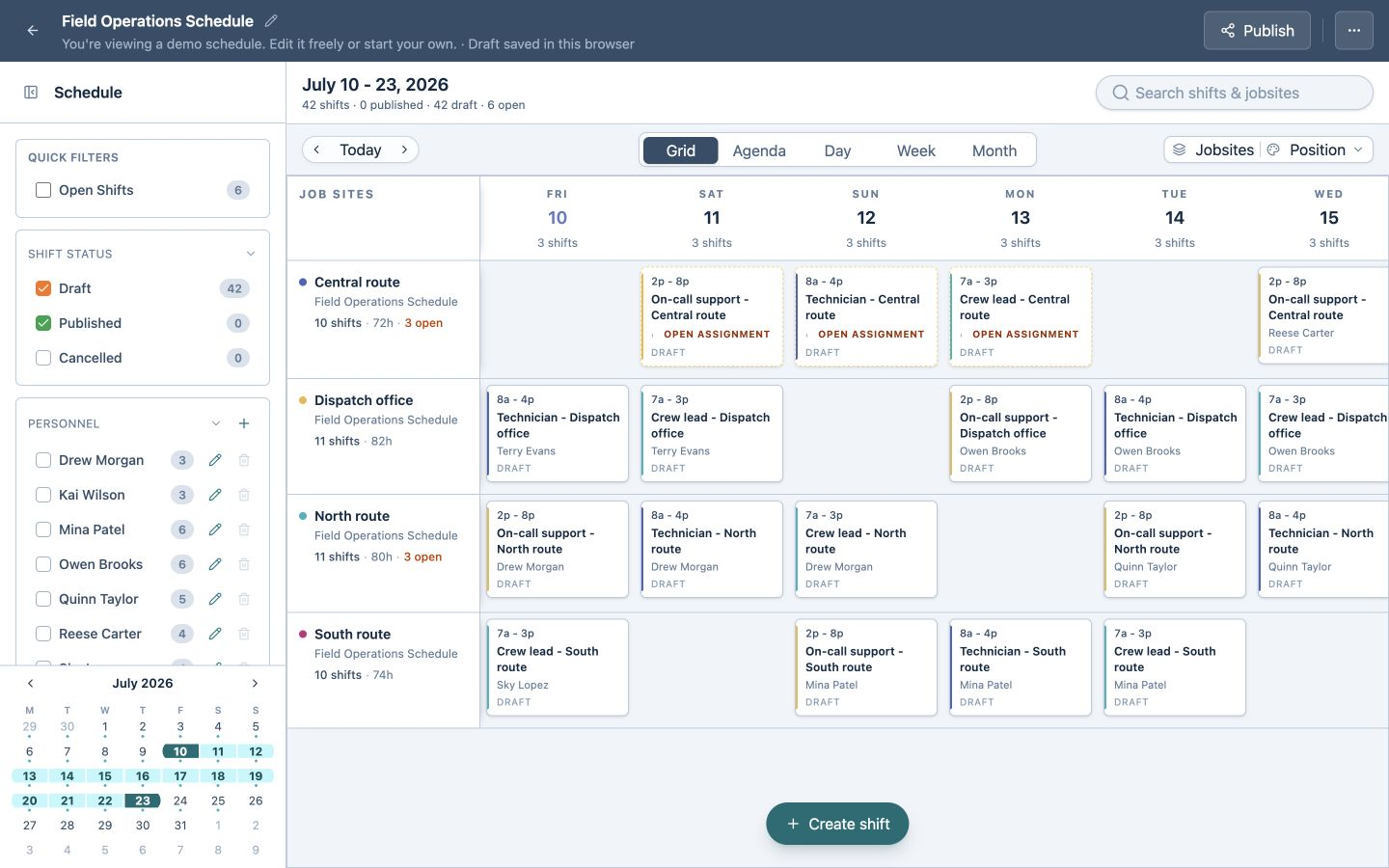 ShiftDispatch Builder field operations schedule showing crew leads, technicians, on-call support, route worksites, and open assignments.