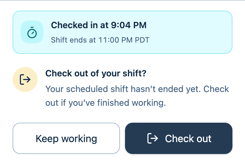 The checkout confirmation offering Keep working and Check out.