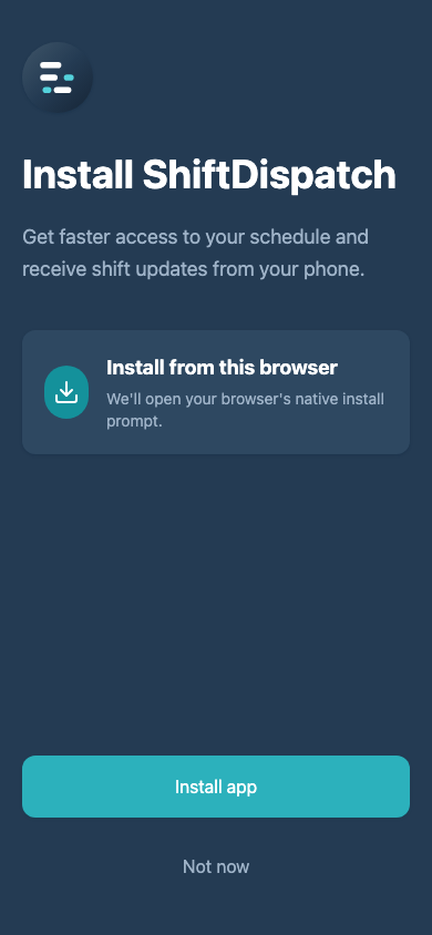 The ShiftDispatch staff install screen on Android with an Install app button that opens the browser's native install prompt.