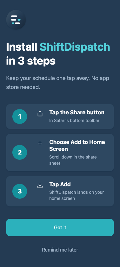 The ShiftDispatch staff install screen on iPhone showing Share, Add to Home Screen, and Add as three numbered steps.
