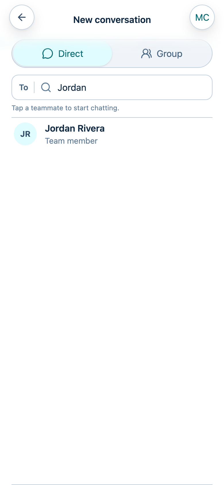 The New conversation screen with Direct selected and a search for teammate Jordan Rivera.