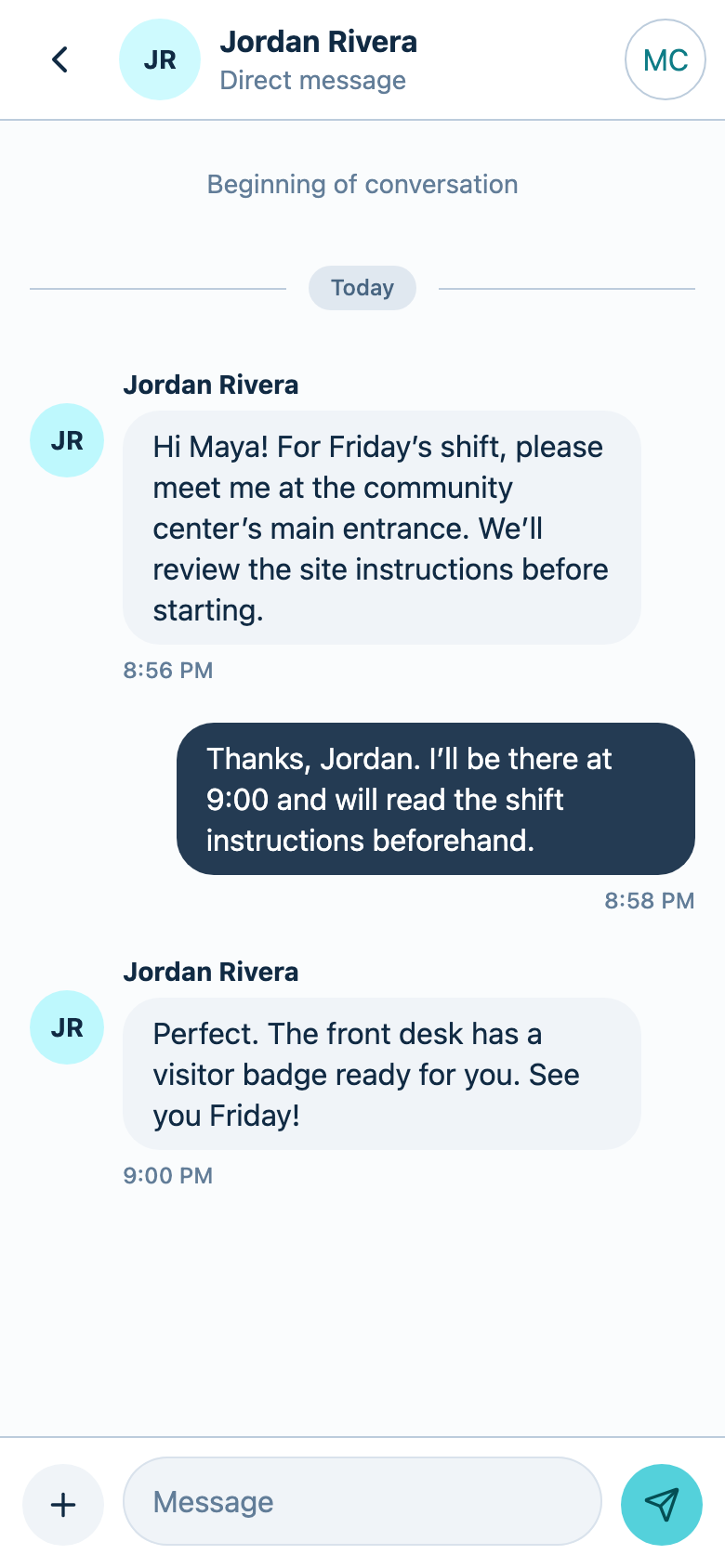 A work conversation between Maya Chen and Jordan Rivera discussing the meeting point for a community center shift.