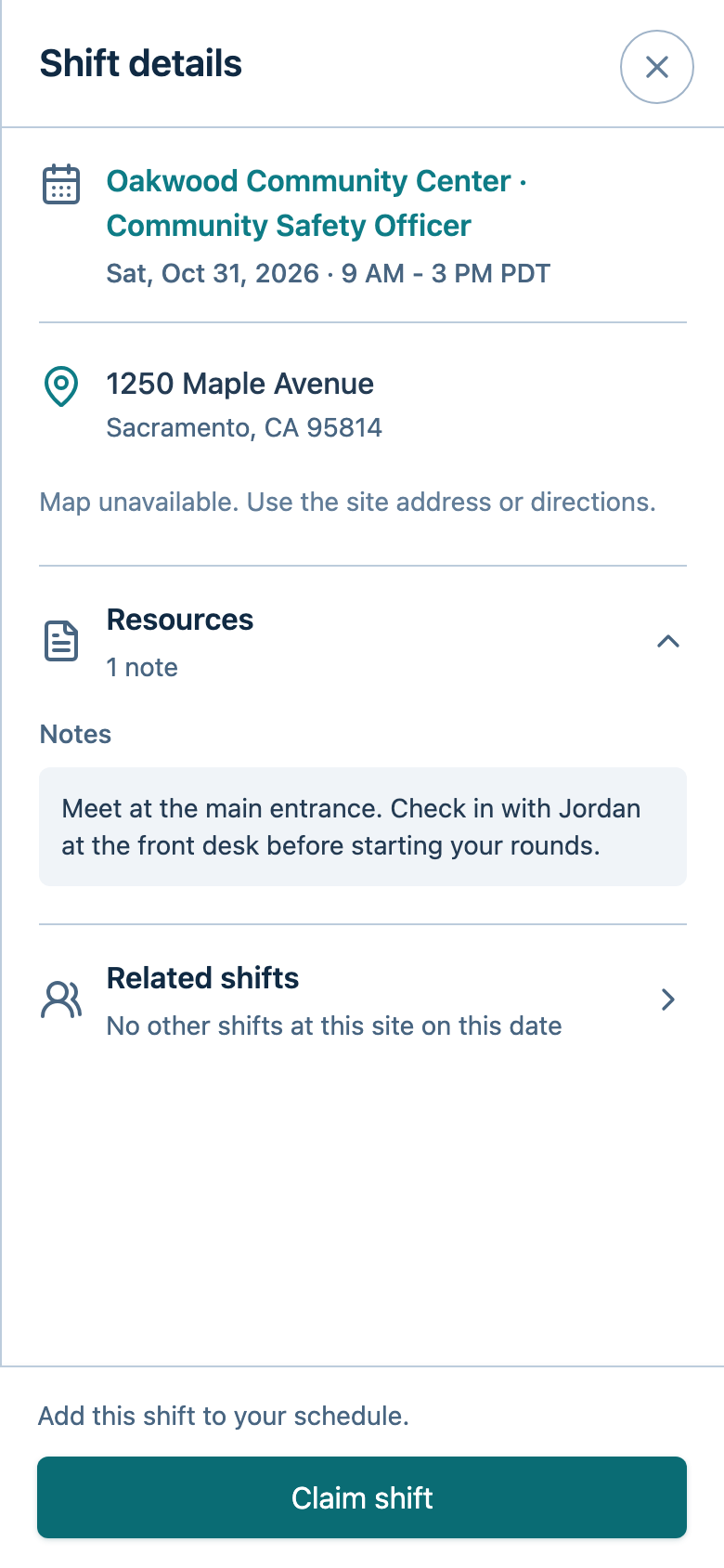 An open Community Safety Officer shift with its site details and the Claim shift button.
