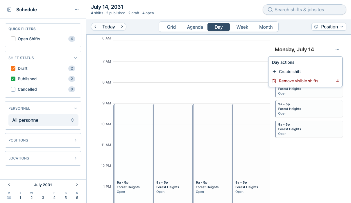 The Day view action menu showing Remove visible shifts and the number of shifts that will be included.