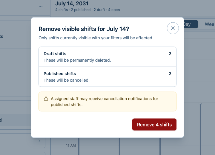 The confirmation dialog showing that draft shifts will be permanently deleted and published shifts will be cancelled.